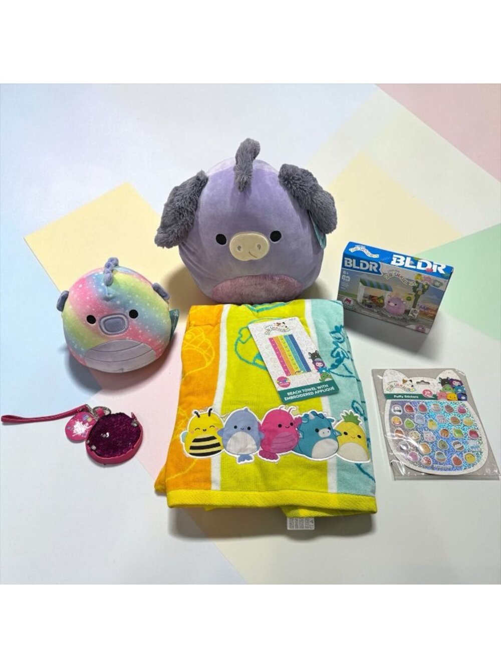 Squishmallows Gift Set Includes Plush Pig & Unicorn Beach Towel Stickers Keychai